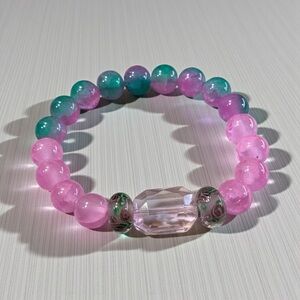 Handcrafted Pink And Green Crackle Floral Lampwork  Glass Stretch Bracelet